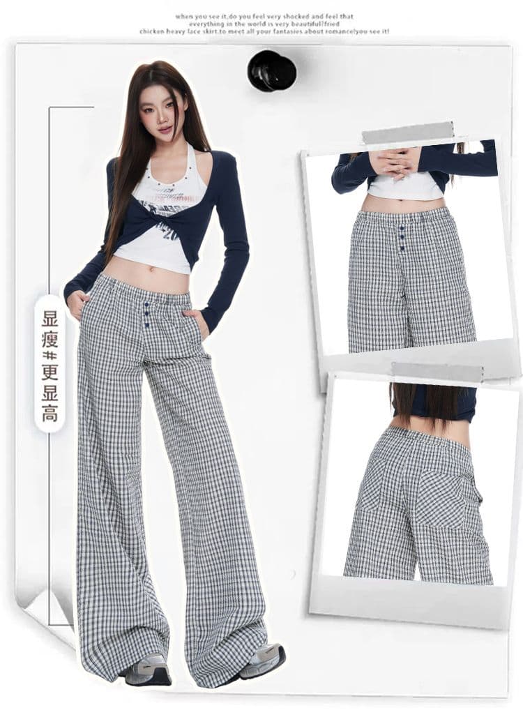실사 파란색 체크무늬 단추 디자인 루즈핏 와이드 레그 팬츠 가을 새로운 스트레이트 캐주얼 긴 바지 상세 이미지 4