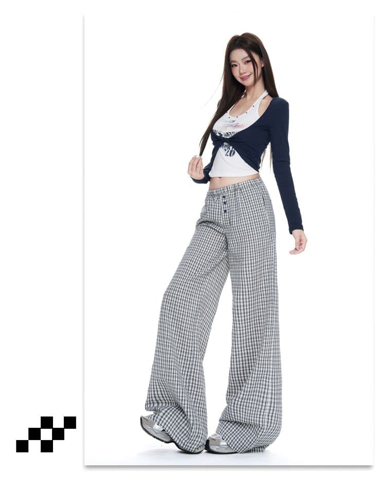 실사 파란색 체크무늬 단추 디자인 루즈핏 와이드 레그 팬츠 가을 새로운 스트레이트 캐주얼 긴 바지 상세 이미지 12