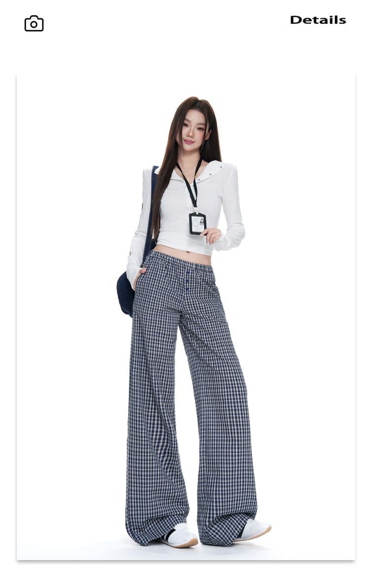 실사 파란색 체크무늬 단추 디자인 루즈핏 와이드 레그 팬츠 가을 새로운 스트레이트 캐주얼 긴 바지 상세 이미지 13