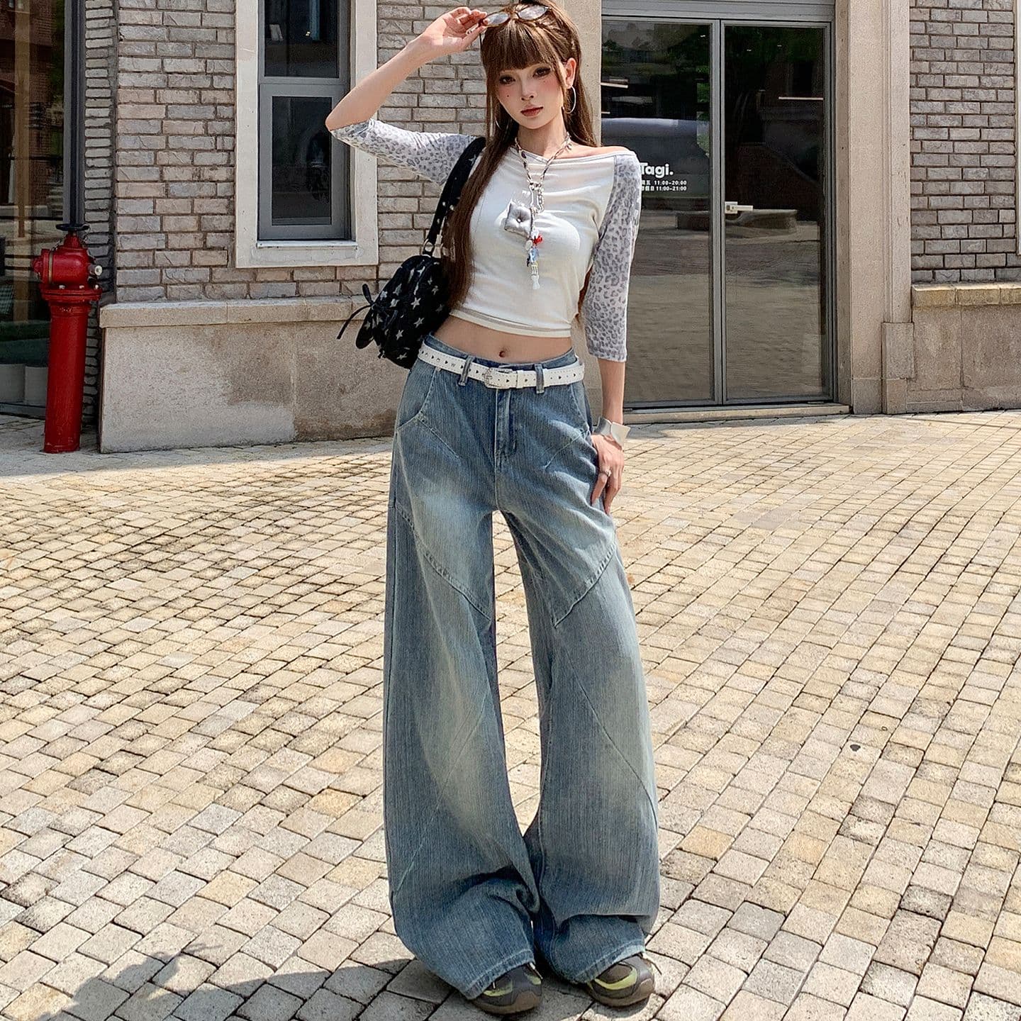 실사 아메리칸 레트로 대나무 마디 곡물 청바지 여성 패치워크 디자인 센스 루즈핏 슬림해 보이는 넓은 다리 스트레이트 팬츠 이미지 4