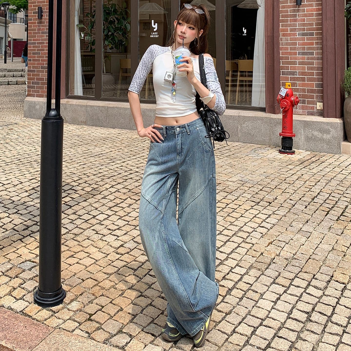 실사 아메리칸 레트로 대나무 마디 곡물 청바지 여성 패치워크 디자인 센스 루즈핏 슬림해 보이는 넓은 다리 스트레이트 팬츠 이미지 2