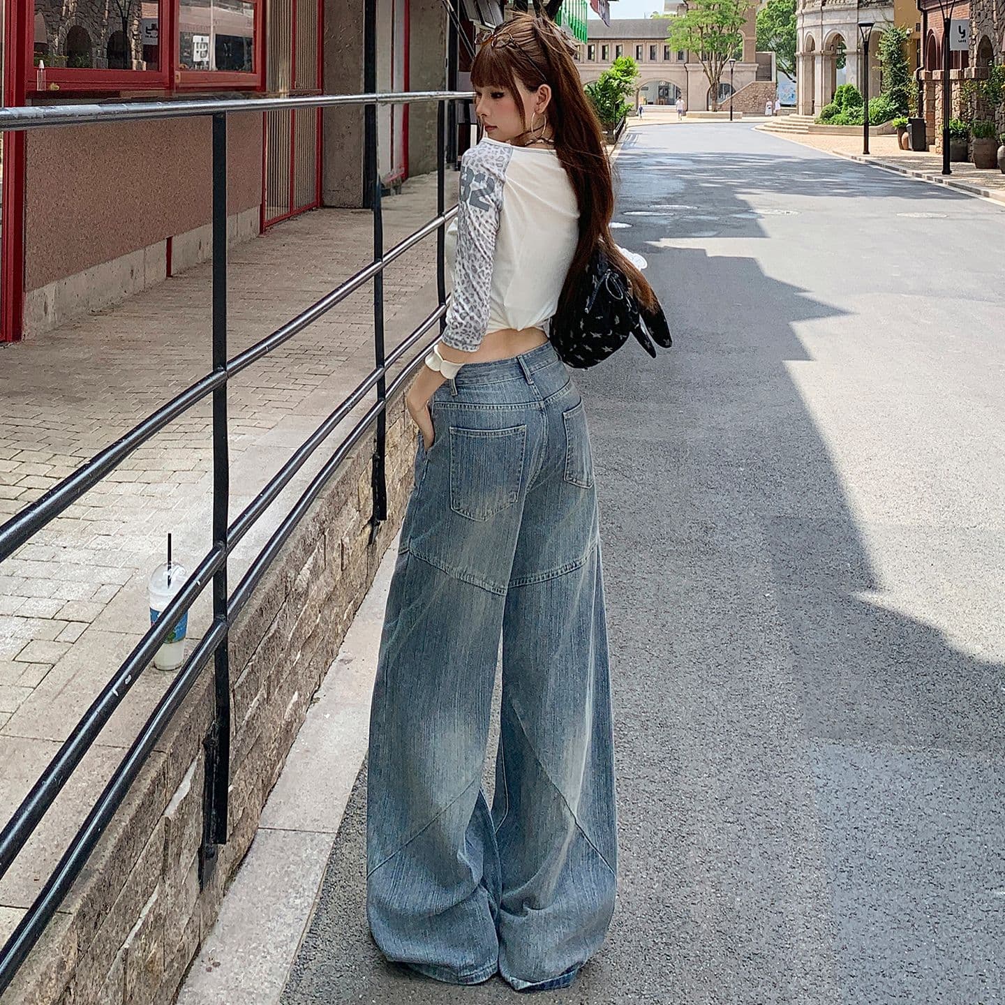 실사 아메리칸 레트로 대나무 마디 곡물 청바지 여성 패치워크 디자인 센스 루즈핏 슬림해 보이는 넓은 다리 스트레이트 팬츠 이미지 5