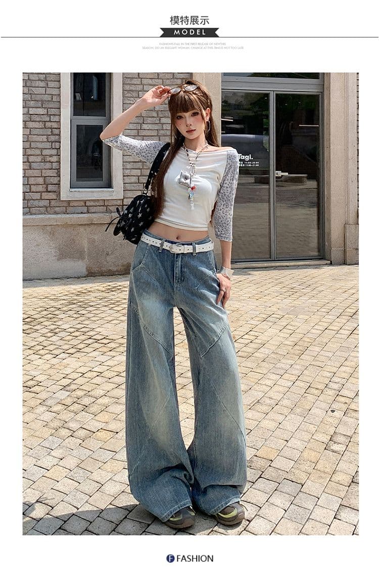 실사 아메리칸 레트로 대나무 마디 곡물 청바지 여성 패치워크 디자인 센스 루즈핏 슬림해 보이는 넓은 다리 스트레이트 팬츠 상세 이미지 5