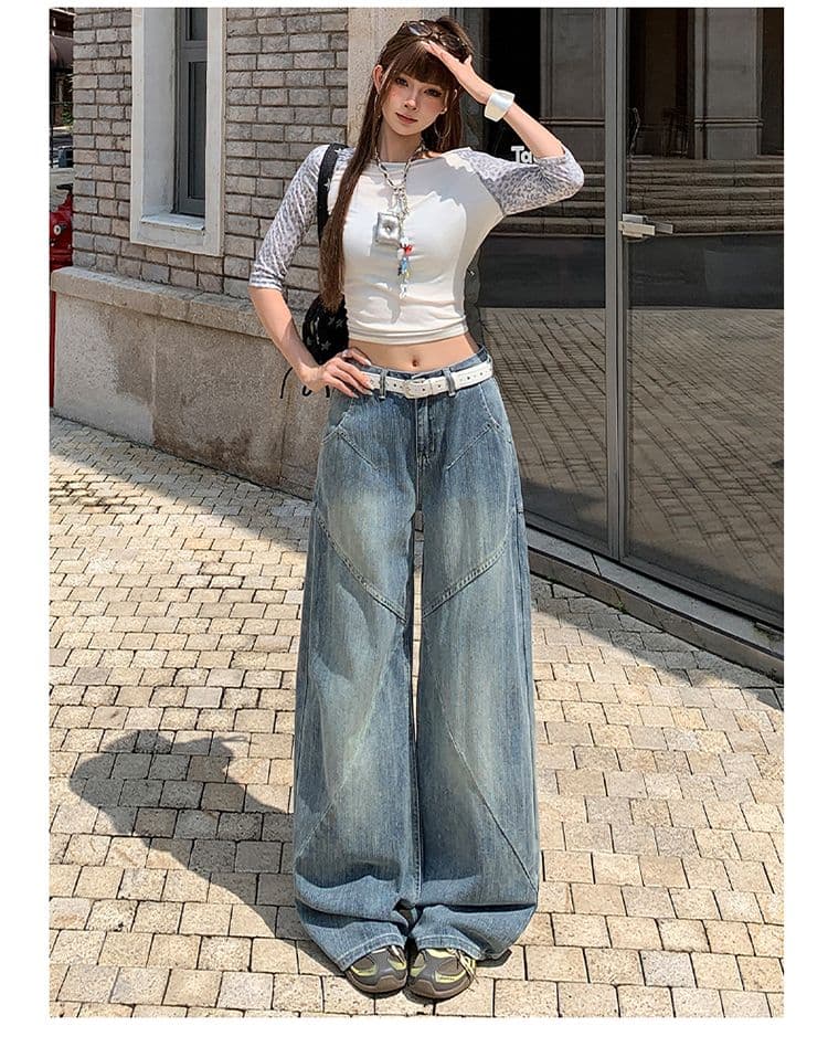 실사 아메리칸 레트로 대나무 마디 곡물 청바지 여성 패치워크 디자인 센스 루즈핏 슬림해 보이는 넓은 다리 스트레이트 팬츠 상세 이미지 6