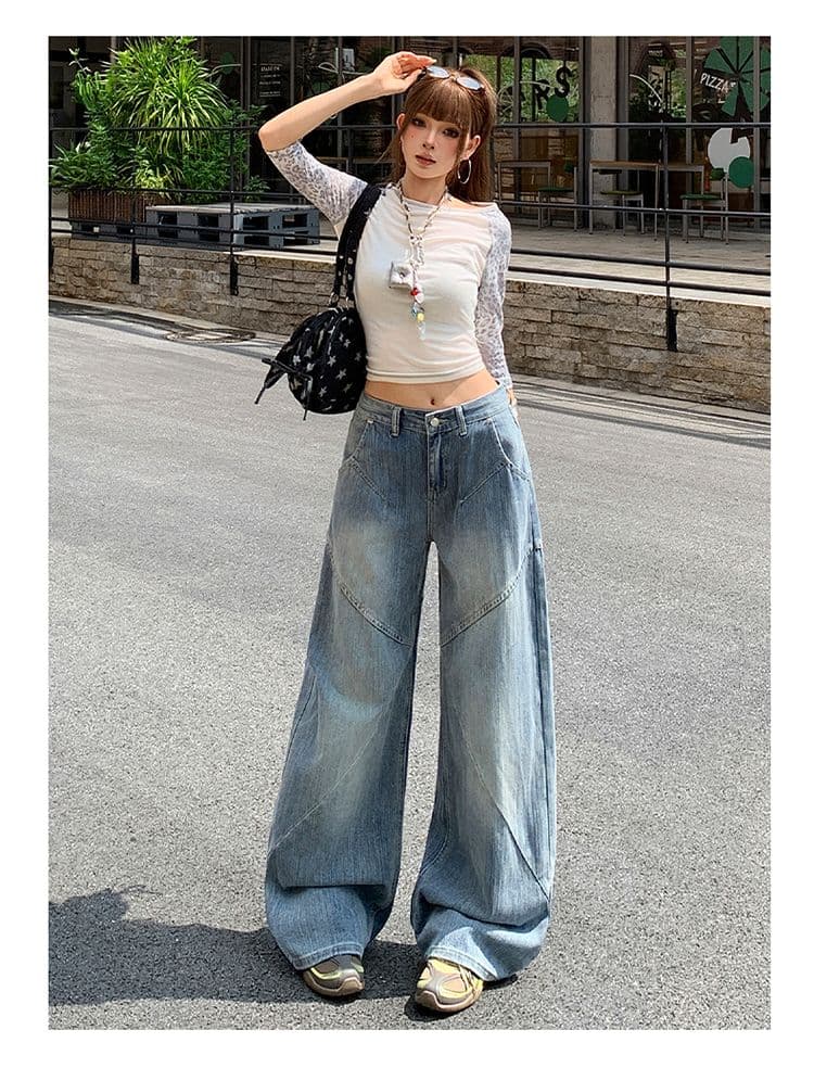 실사 아메리칸 레트로 대나무 마디 곡물 청바지 여성 패치워크 디자인 센스 루즈핏 슬림해 보이는 넓은 다리 스트레이트 팬츠 상세 이미지 7