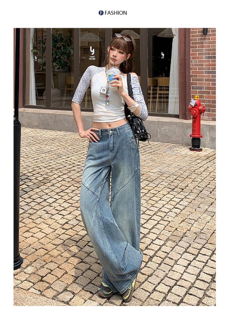 실사 아메리칸 레트로 대나무 마디 곡물 청바지 여성 패치워크 디자인 센스 루즈핏 슬림해 보이는 넓은 다리 스트레이트 팬츠 상세 이미지 12