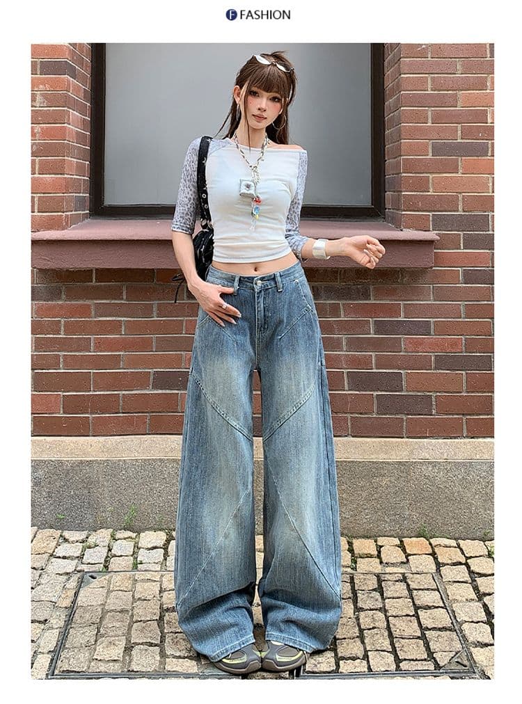 실사 아메리칸 레트로 대나무 마디 곡물 청바지 여성 패치워크 디자인 센스 루즈핏 슬림해 보이는 넓은 다리 스트레이트 팬츠 상세 이미지 15