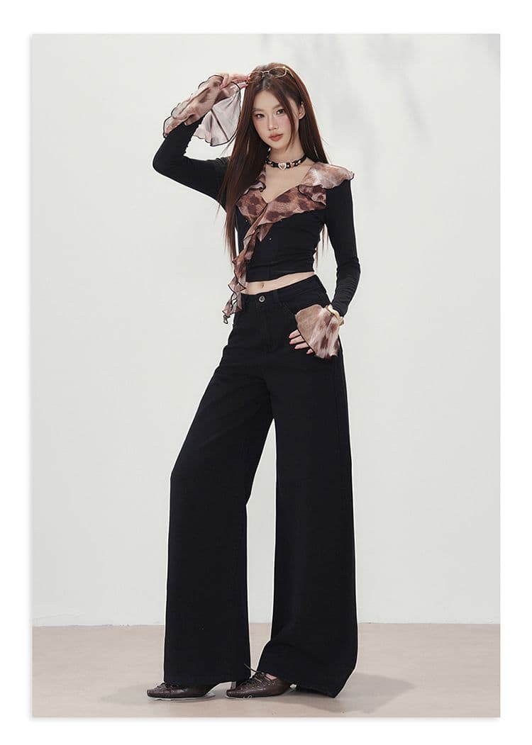 실사 가을 겨울 흑인과 백인 하이웨이스트 넓은 다리 청바지 여성 슬림해 보이는 다용도 루즈핏 도루 바닥 청소 바지 긴 바지 상세 이미지 9