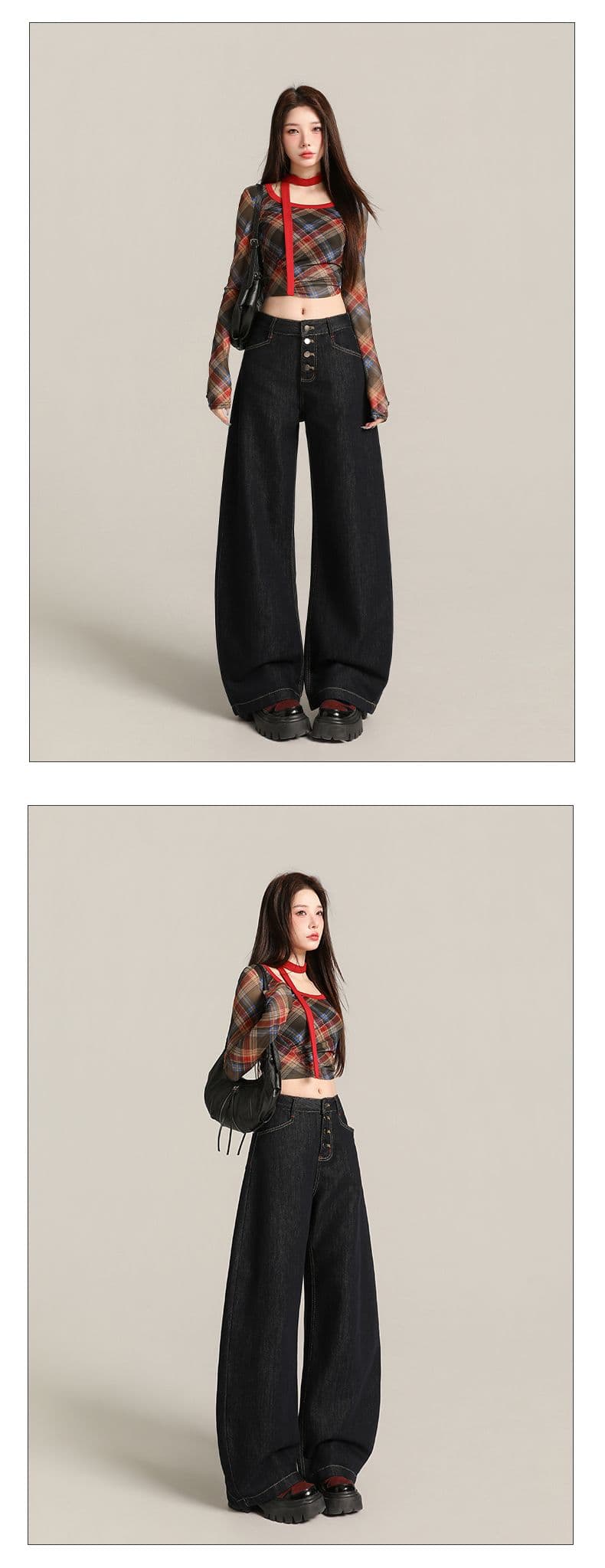 실사 가을 새로운 빨간색 모통이 칼 청바지 여성 버클 디자인 하이웨이스트 루즈핏 슬림해 보이는 바닥 청소 바지 상세 이미지 12