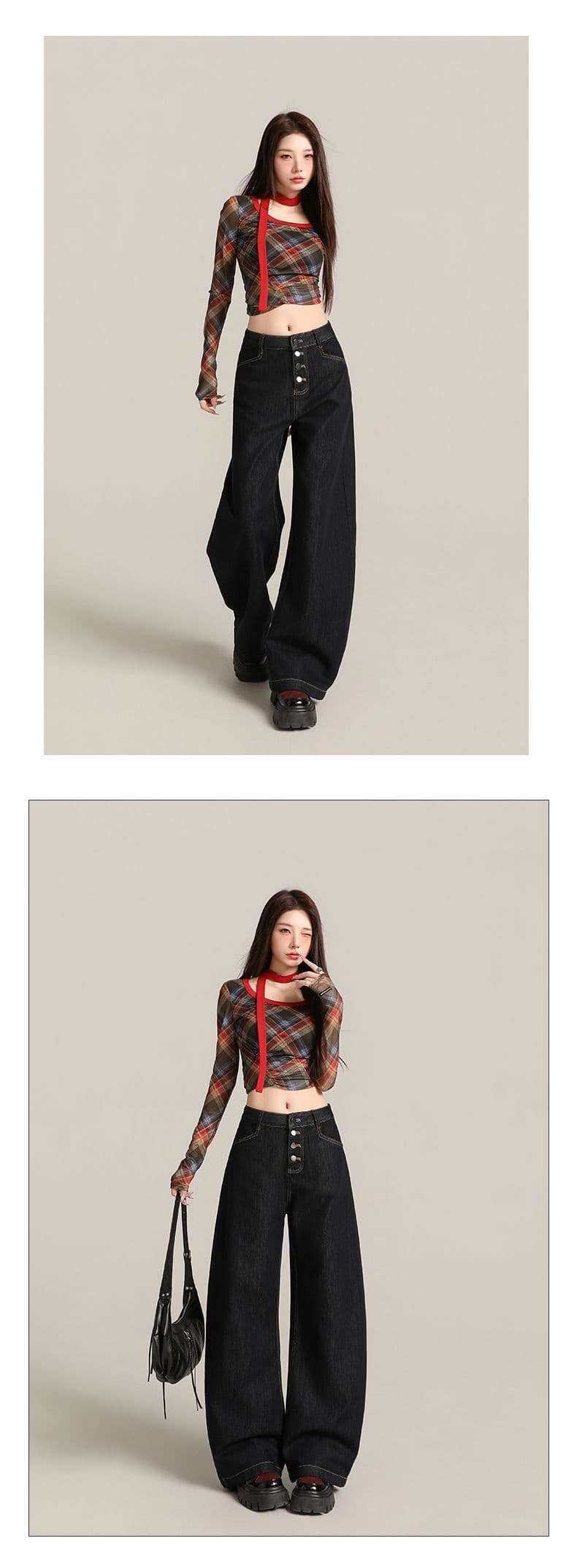 실사 가을 새로운 빨간색 모통이 칼 청바지 여성 버클 디자인 하이웨이스트 루즈핏 슬림해 보이는 바닥 청소 바지 상세 이미지 14
