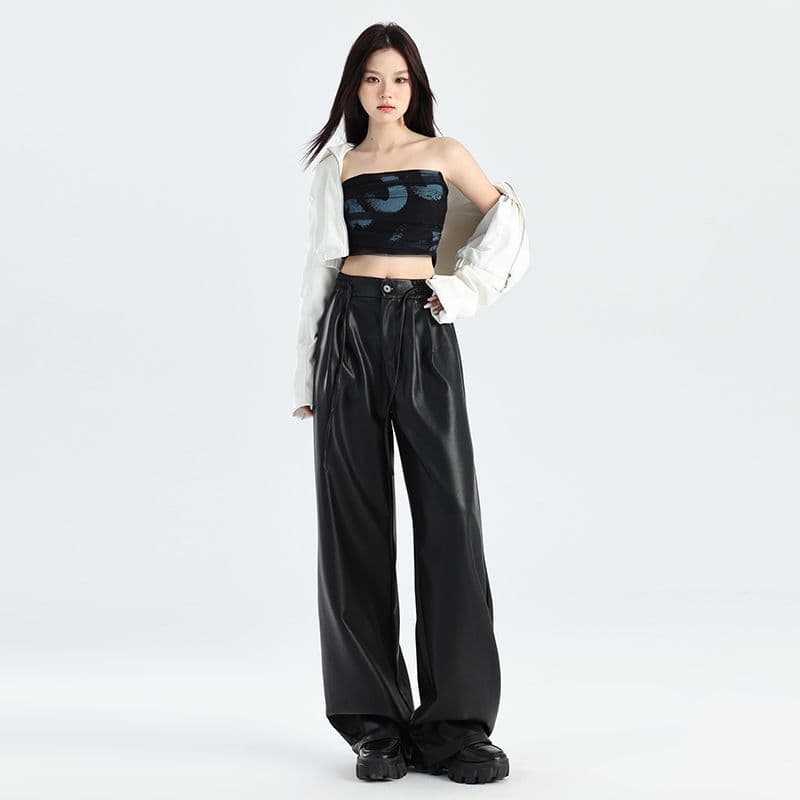 실사 커피 색상 넓은 다리 가죽 바지 여성 2026 년 가을 겨울 새로운 아름다움 라드. PU 가죽 스트레이트 캐주얼 바닥 청소 바지 이미지 2