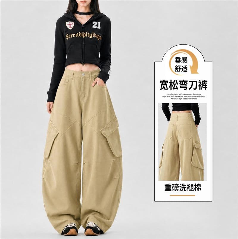 실사 가을 모통이 칼 바지 무거운 워시 퇴색 한 면 데님 워크웨어 루즈핏 넓은 다리 느슨함 센스 순면 편안함 데님 이미지 3