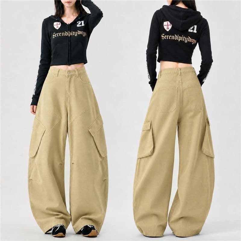 실사 가을 모통이 칼 바지 무거운 워시 퇴색 한 면 데님 워크웨어 루즈핏 넓은 다리 느슨함 센스 순면 편안함 데님 이미지 4