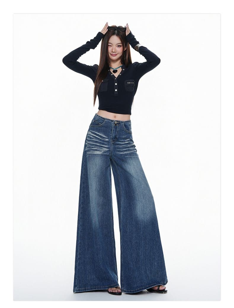 실사 레트로 워싱 대나무 마디 곡물 디자인 섹션 루즈핏 넓은 다리 스트레이트 다용도 캐주얼 청바지 새로운 상세 이미지 3