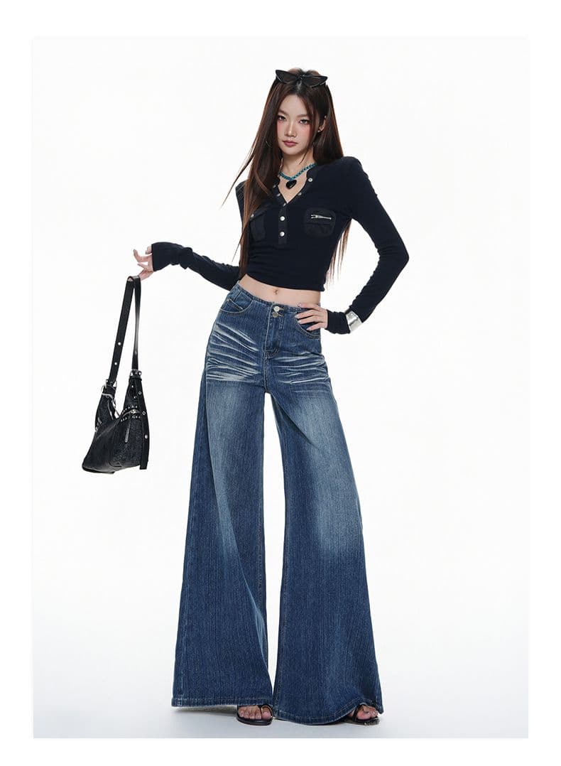 실사 레트로 워싱 대나무 마디 곡물 디자인 섹션 루즈핏 넓은 다리 스트레이트 다용도 캐주얼 청바지 새로운 상세 이미지 10