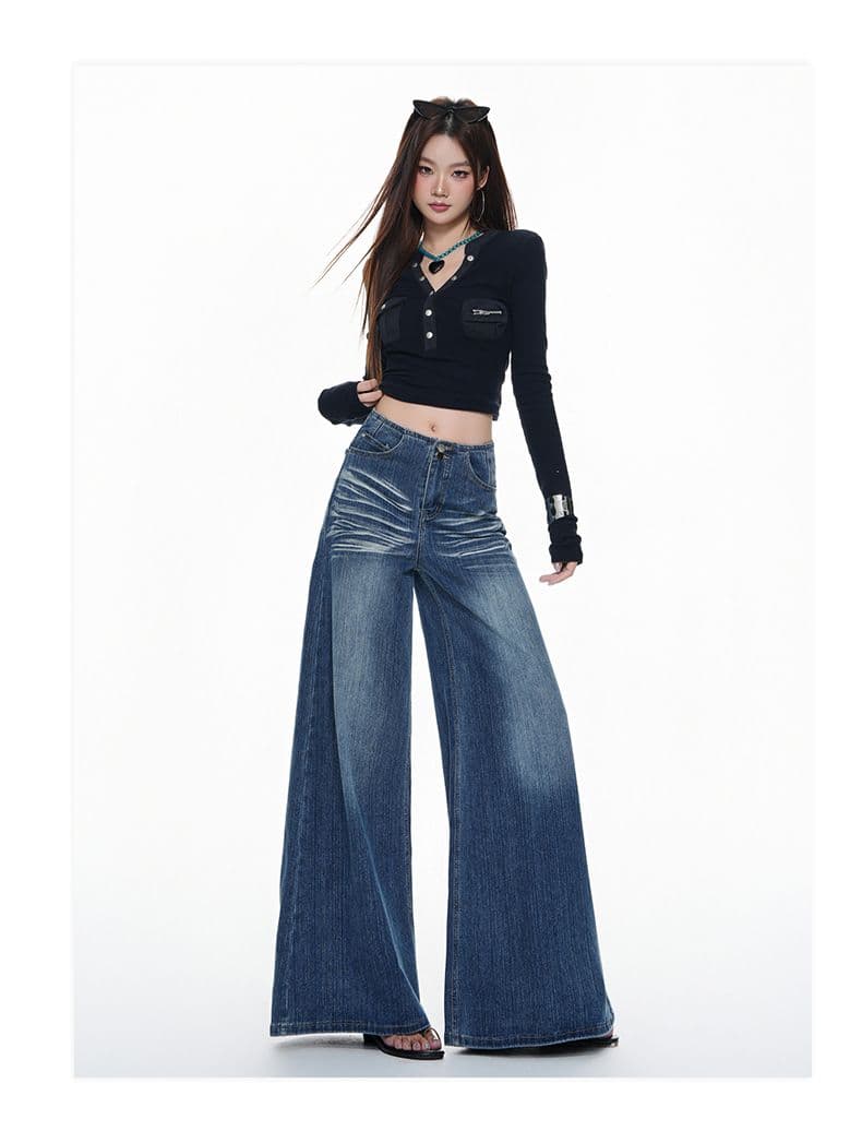 실사 레트로 워싱 대나무 마디 곡물 디자인 섹션 루즈핏 넓은 다리 스트레이트 다용도 캐주얼 청바지 새로운 상세 이미지 17