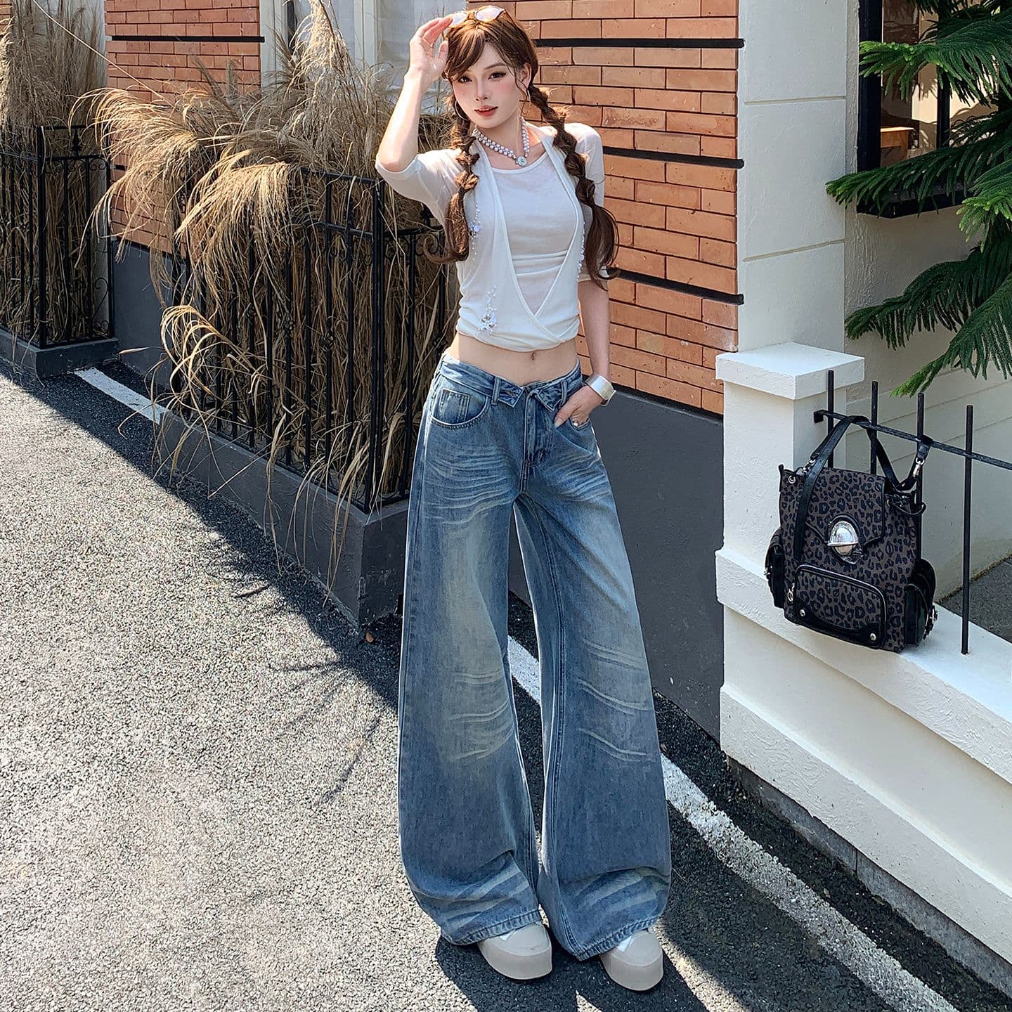실사 아메리칸 뒤집다 折腰 머리 디자인 센스 청바지 여성 새로운 다용도 레트로 워싱 스트레이트 팬츠 이미지 2