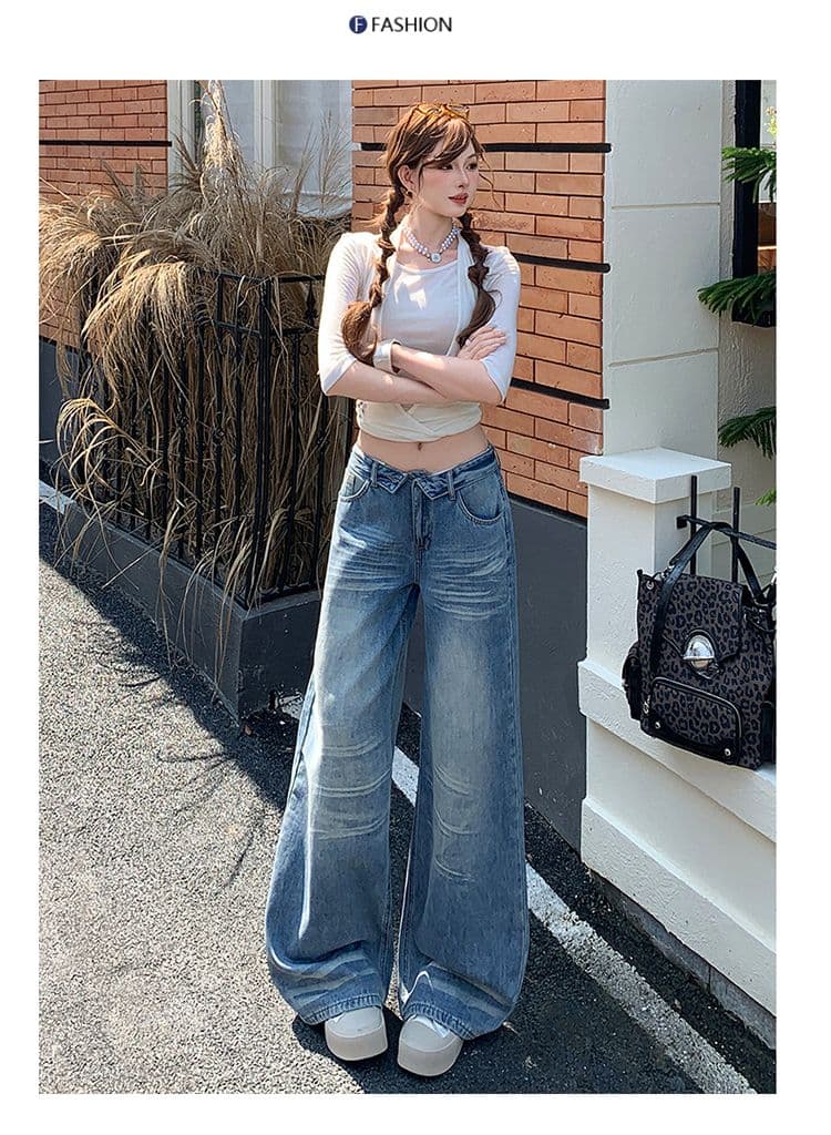 실사 아메리칸 뒤집다 折腰 머리 디자인 센스 청바지 여성 새로운 다용도 레트로 워싱 스트레이트 팬츠 상세 이미지 15