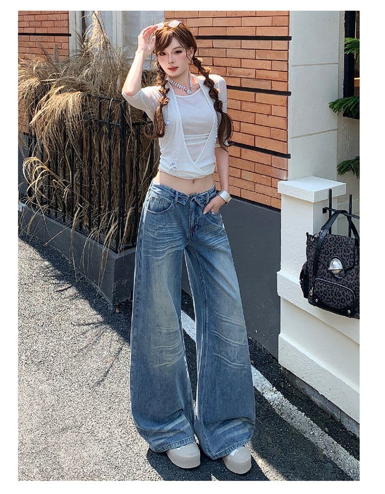 실사 아메리칸 뒤집다 折腰 머리 디자인 센스 청바지 여성 새로운 다용도 레트로 워싱 스트레이트 팬츠 상세 이미지 17