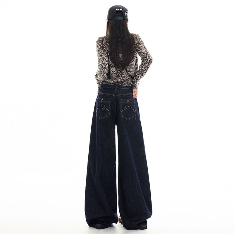 실사 천년기 블루스 느긋한 레트로 넓은 다리 청바지 여성 디자인 센스 다용도 캐주얼 원본 암소 바지 이미지 2