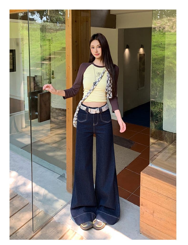 실사 타닌 블루 아니요 막대기 다리 부츠컷 청바지 여성 가을 하이웨이스트 표지 고기 대 나팔 바지 상세 이미지 16