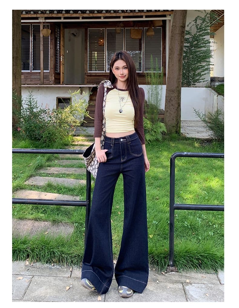 실사 타닌 블루 아니요 막대기 다리 부츠컷 청바지 여성 가을 하이웨이스트 표지 고기 대 나팔 바지 상세 이미지 25