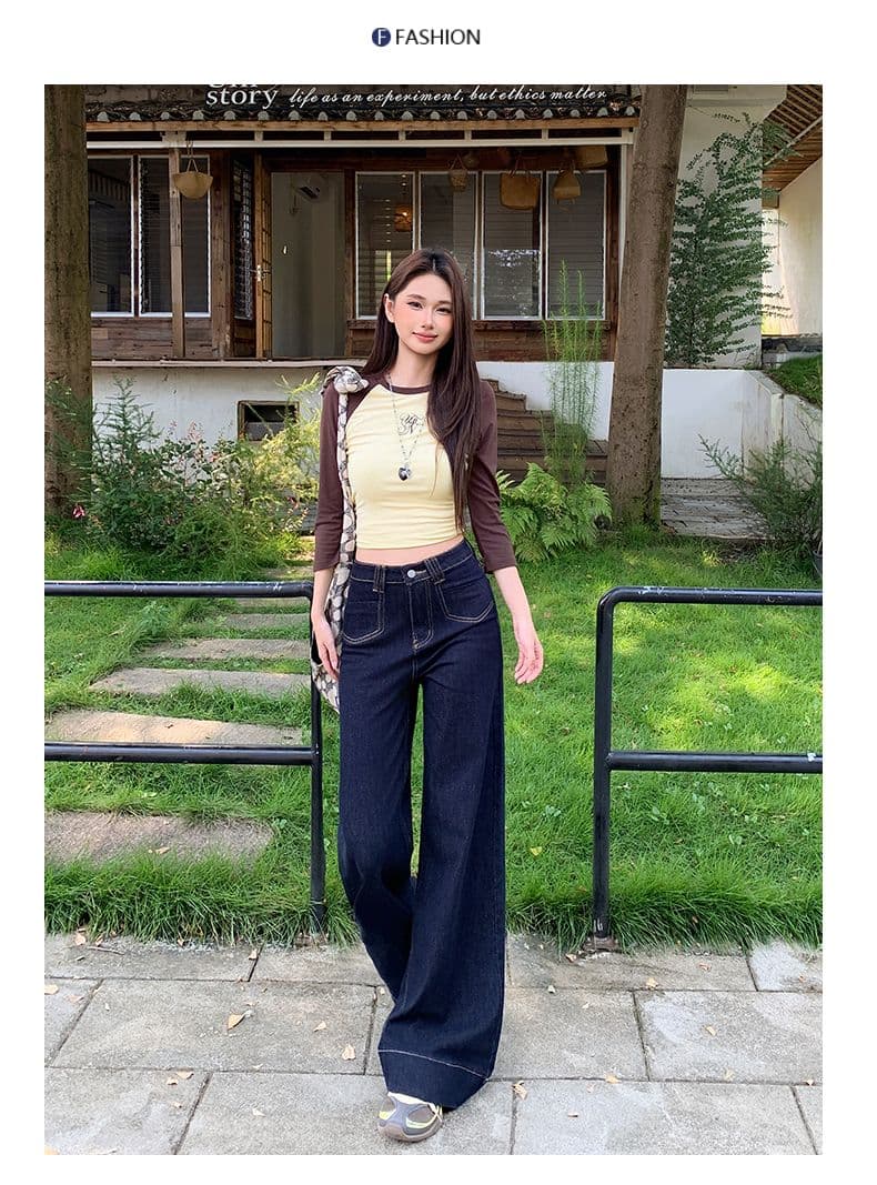 실사 타닌 블루 아니요 막대기 다리 부츠컷 청바지 여성 가을 하이웨이스트 표지 고기 대 나팔 바지 상세 이미지 26