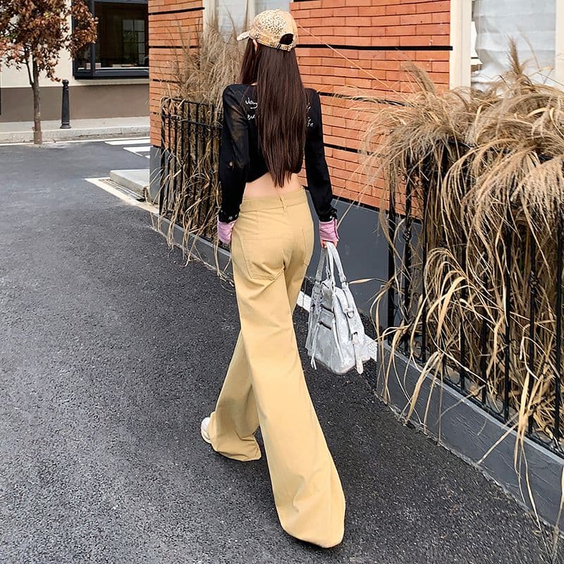 실사 벨트 보내기 카키 색 청바지 여성 가을 하이웨이스트 캐주얼 루즈핏 넓은 다리 바닥 청소 바지 이미지 4