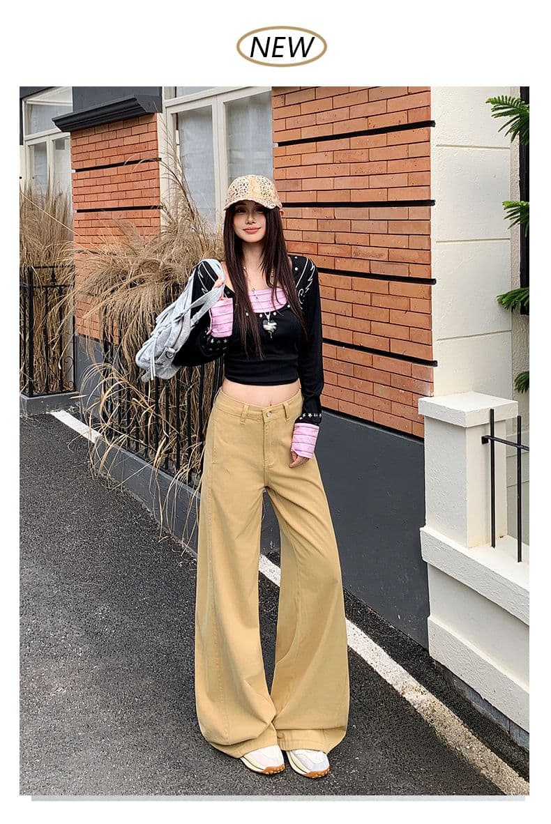 실사 벨트 보내기 카키 색 청바지 여성 가을 하이웨이스트 캐주얼 루즈핏 넓은 다리 바닥 청소 바지 상세 이미지 2