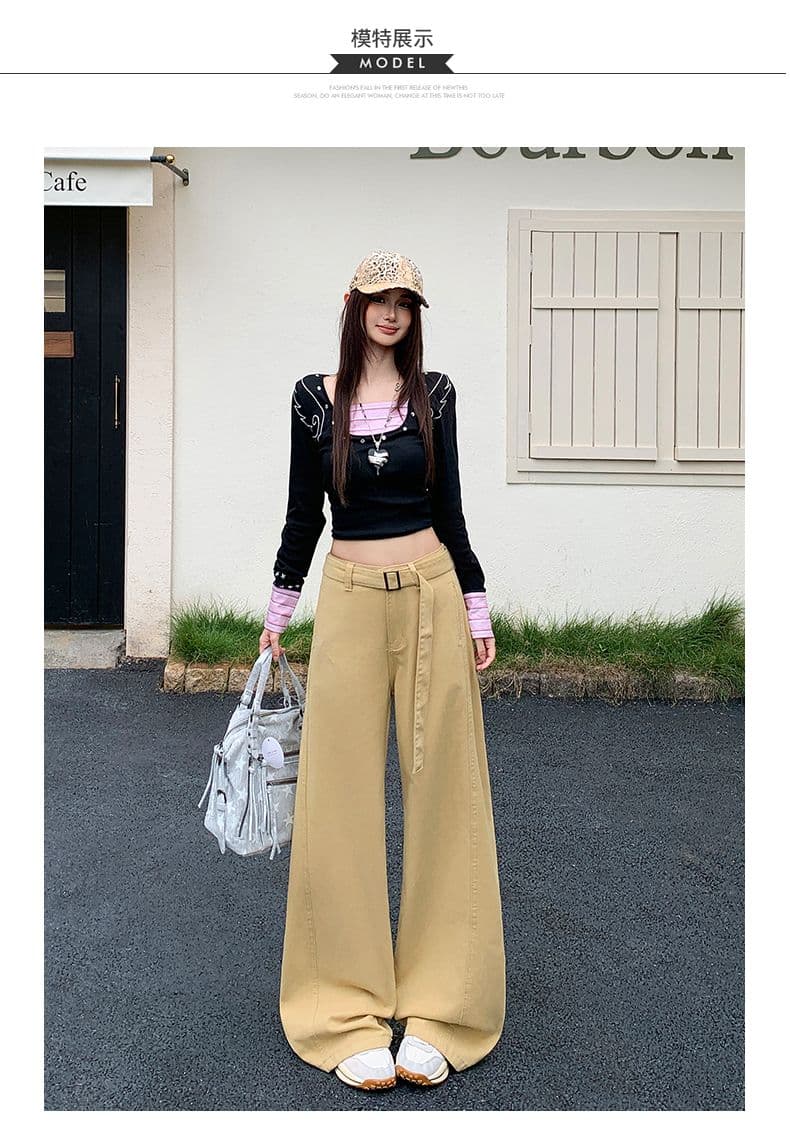 실사 벨트 보내기 카키 색 청바지 여성 가을 하이웨이스트 캐주얼 루즈핏 넓은 다리 바닥 청소 바지 상세 이미지 5