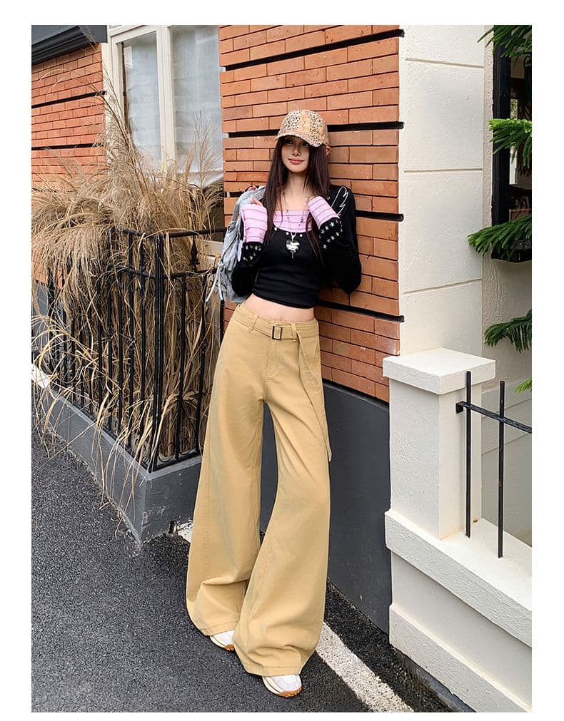 실사 벨트 보내기 카키 색 청바지 여성 가을 하이웨이스트 캐주얼 루즈핏 넓은 다리 바닥 청소 바지 상세 이미지 14