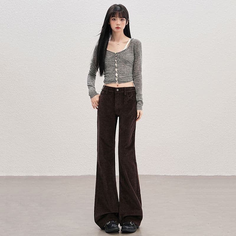 실사 가을 겨울철 새로운 코듀로이 캐주얼 바지 여성 신축성 아름다움 라드. 몸매 가꾸기 다용도 나팔 긴 바지