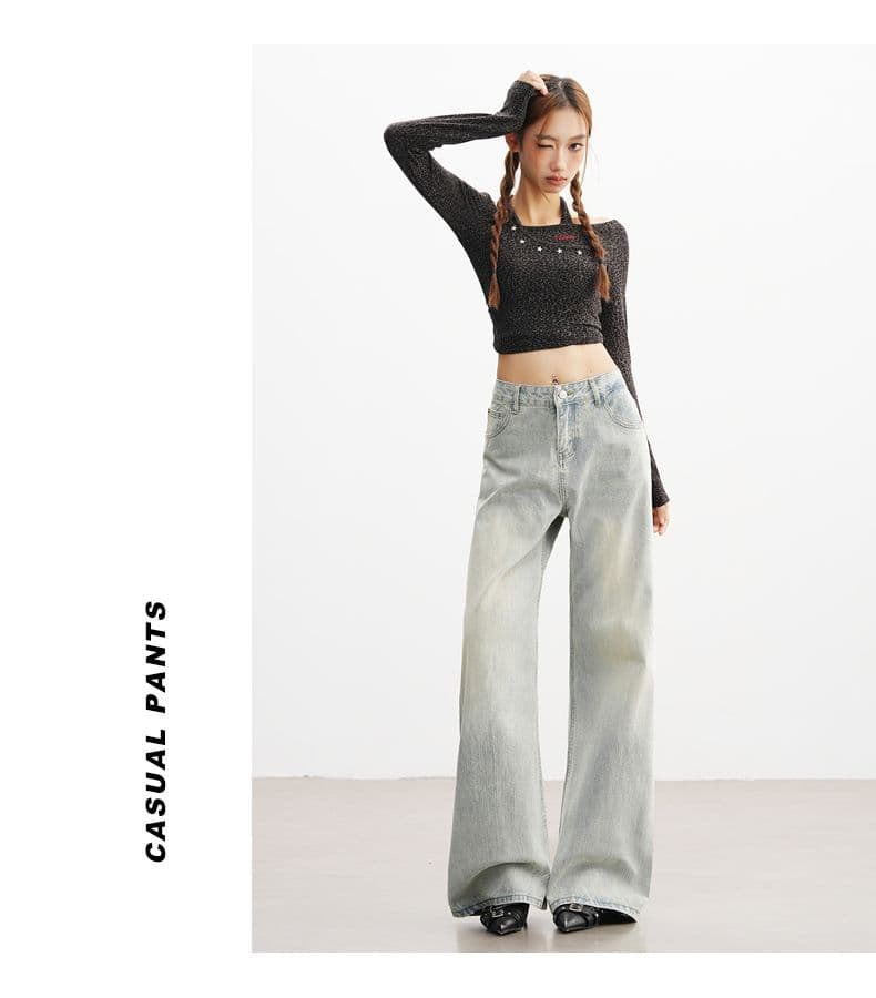 실사 하늘색 스트레이트 가을 새로운 청바지 워싱 레트로 여성 루즈핏 캐주얼 다용도 와이드 레그 팬츠 어린이 상세 이미지 12