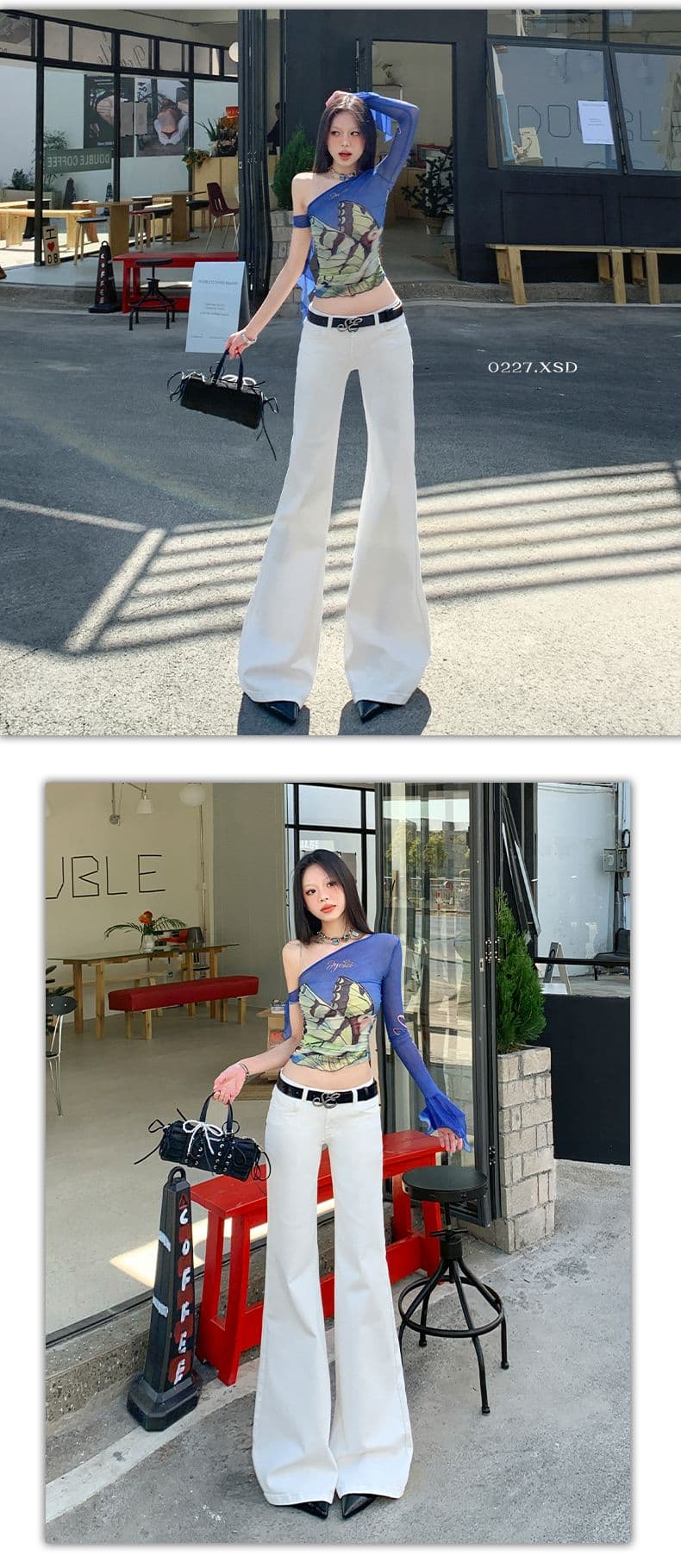 실사 2026 가을 핫걸 화이트 로우 웨이스트 부츠컷 몸매 가꾸기 신축성 스트레이트 데님 나팔 바지 상세 이미지 9