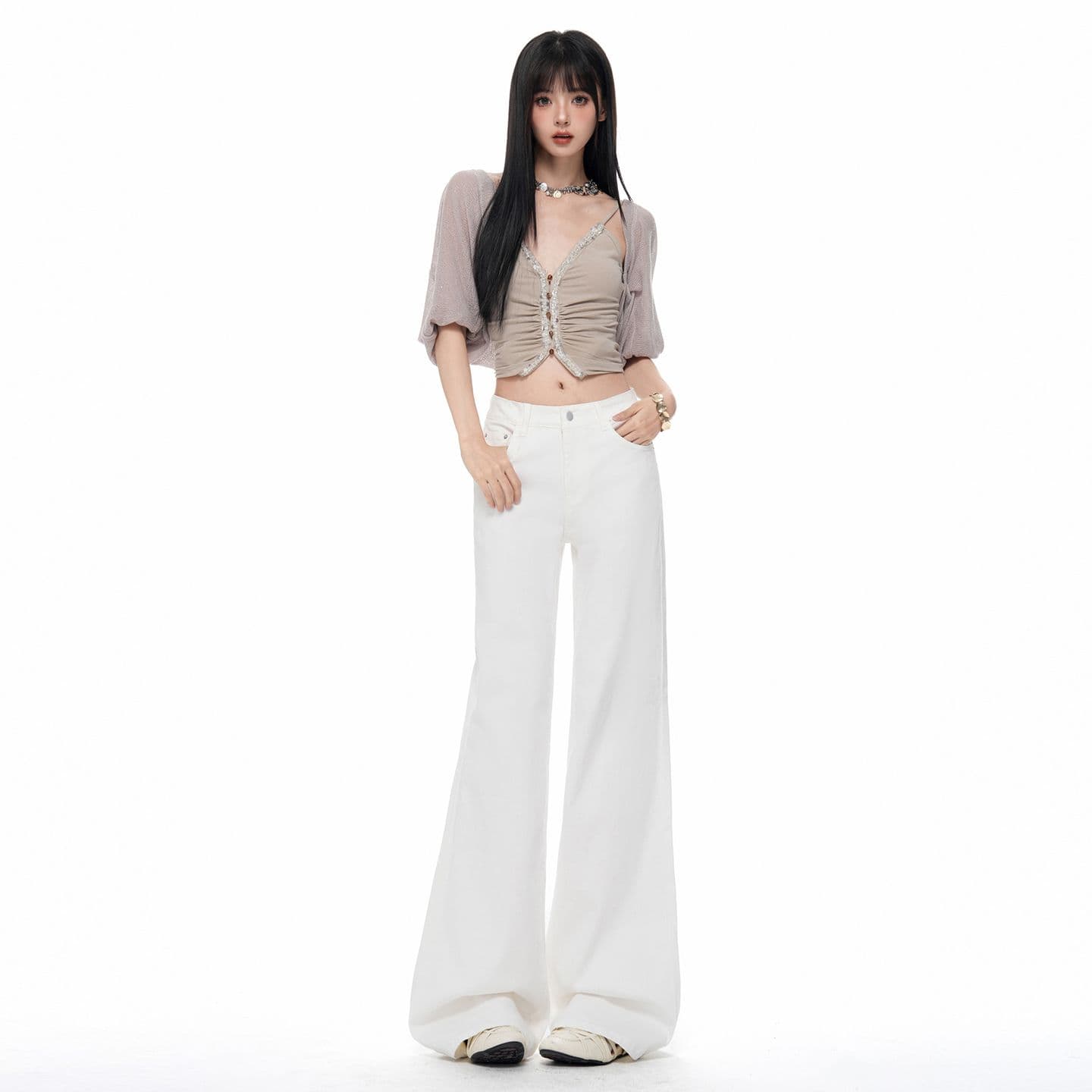 실사 아니요 막대기 다리 호스 슈 바지 나팔 바지 청바지 새로운 화이트 디스플레이 하이웨이스트 슬림해 보이는 길다 다리 바닥 청소 스트레이트 이미지 5