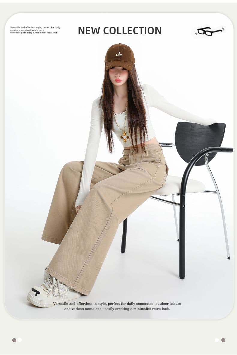 실사 가을 새로운 막대기 주머니 디자인 하이웨이스트 넓은 다리 2026 아메리칸 레트로 다용도 바닥 청소 바지 상세 이미지 2
