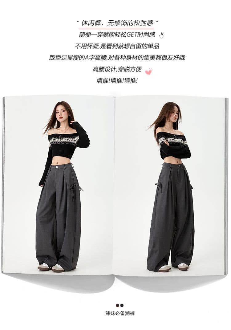 실사 넓은 다리 모통이 칼 바지 여성 플리츠 레이스업 느긋한 느슨함 센스 루즈핏 슬림해 보이는 도루 센스 스트레이트 캐주얼 바지 상세 이미지 2