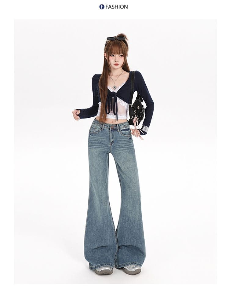 실사 아메리칸 레트로 마이크로 매운맛 청바지 여성 새로운 로우 웨이스트 루즈핏 아니요 막대기 다리 바닥 청소 와이드 레그 팬츠 어린이 상세 이미지 5