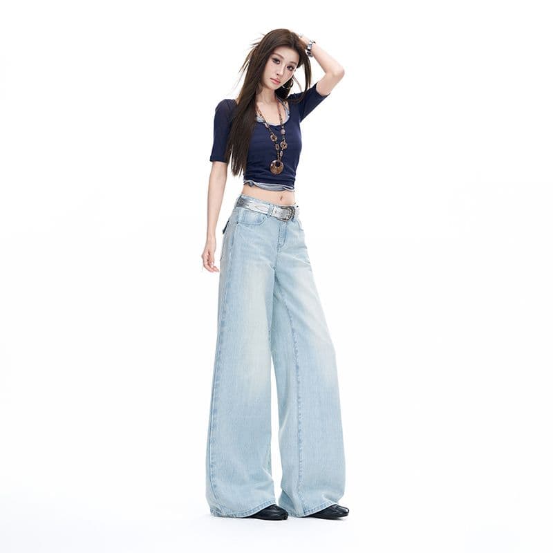 실사 가을 겨울 새로운 파리 버클 수직 대나무 원단 아메리칸 로우 웨이스트 넓은 다리 청바지 여성 이미지 2