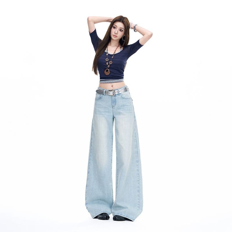실사 가을 겨울 새로운 파리 버클 수직 대나무 원단 아메리칸 로우 웨이스트 넓은 다리 청바지 여성 이미지 4