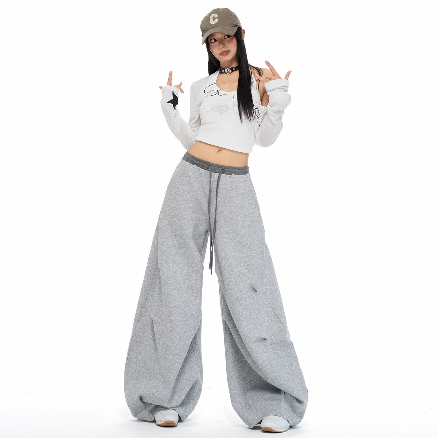 실사 달콤한 차가운 바람 배색 허리밴드 캐주얼 바지 여성 가을 펌프 로프 로우 웨이스트 루즈핏 넓은 다리 모통이 칼 바지 이미지 5