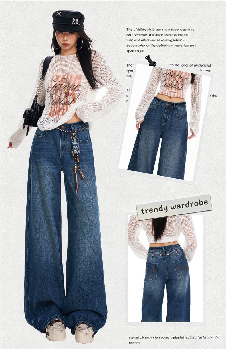 실사 가을 겨울철 새로운 아메리칸 이후 가방 자수 꾸밈음 고유 한 허리 머리 디자인 넓은 다리 청바지 여성 상세 이미지 3