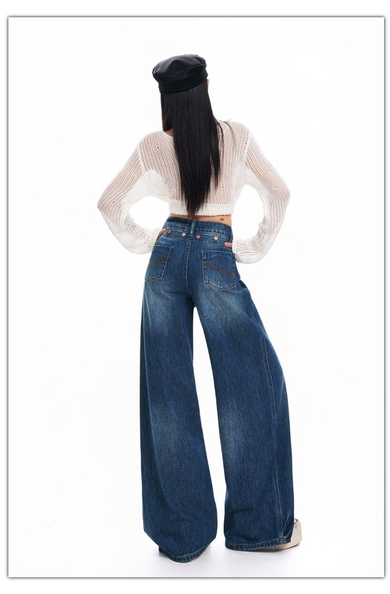 실사 가을 겨울철 새로운 아메리칸 이후 가방 자수 꾸밈음 고유 한 허리 머리 디자인 넓은 다리 청바지 여성 상세 이미지 7