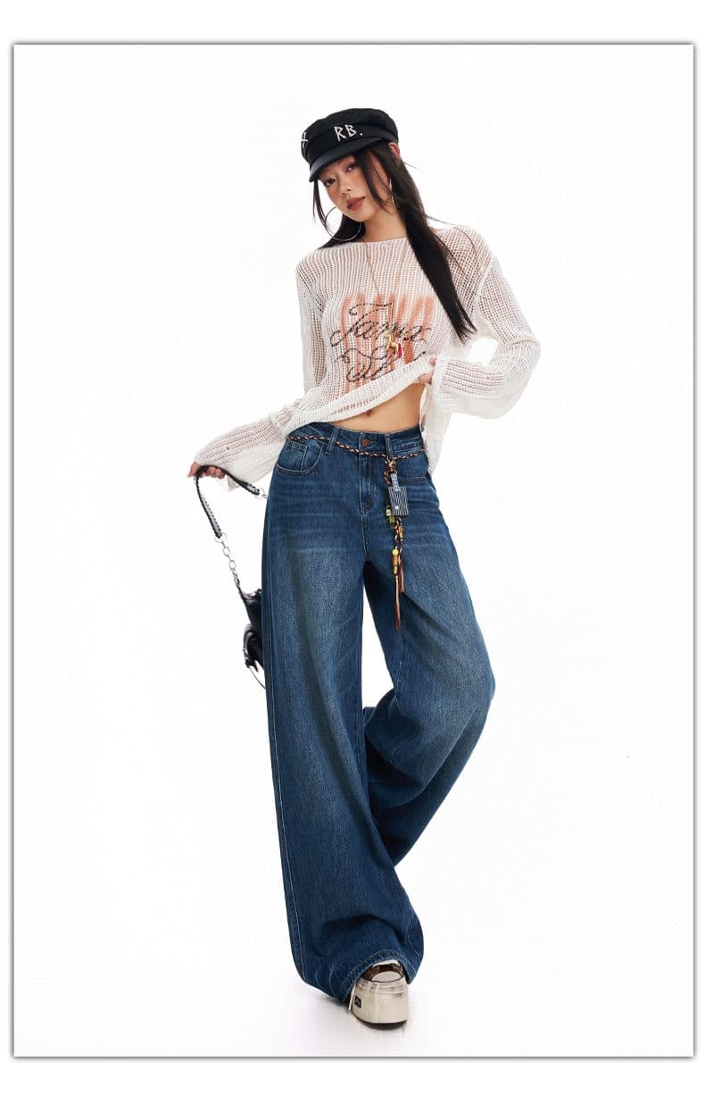 실사 가을 겨울철 새로운 아메리칸 이후 가방 자수 꾸밈음 고유 한 허리 머리 디자인 넓은 다리 청바지 여성 상세 이미지 9