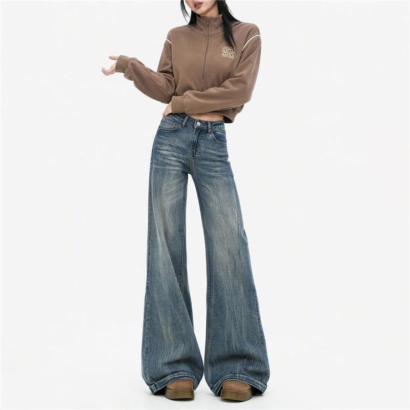 실사 가을 무거운 작업 꽃꽂이 신축성 아니요 막대기 다리 루즈핏 부츠컷 넓은 다리 핫걸 패션 나팔 바지 청바지