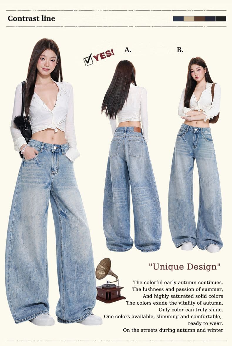 실사 아메리칸 레트로 무거운 작업 워싱 모통이 칼 바지 새로운 패션 다용도 슬림해 보이는 루즈핏 넓은 다리 청바지 상세 이미지 3