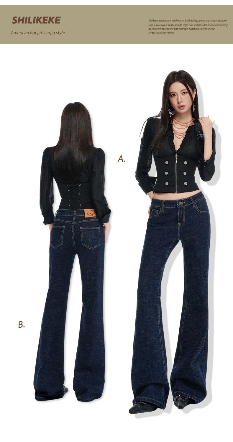 실사 가을 겨울철 새로운 레트로 원본 암소 색상 중 로우 웨이스트 마이크로 폭탄 타이트 나팔 청바지 여성 상세 이미지 1