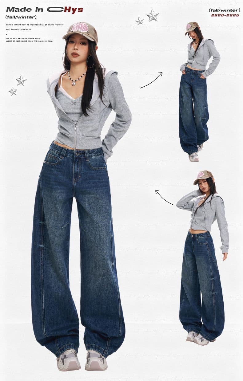 실사 가을 겨울철 새로운 가을 교통 새로운 스퍼트 패치워크 레트로 블루 넓은 다리 청바지 여성 상세 이미지 1