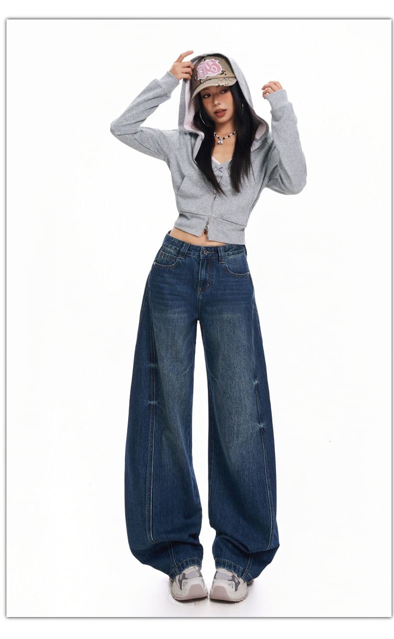 실사 가을 겨울철 새로운 가을 교통 새로운 스퍼트 패치워크 레트로 블루 넓은 다리 청바지 여성 상세 이미지 11