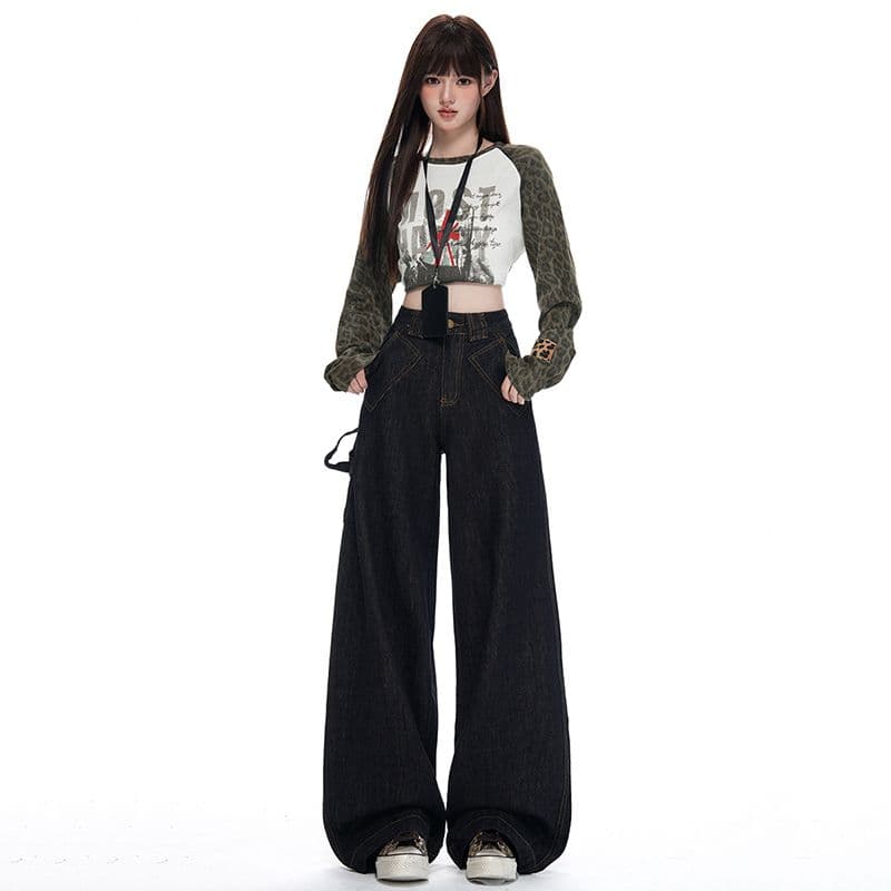 실사 아메리칸 레트로 기타 주머니 블랙 골드 색상 워크웨어 청바지 가을 새로운 하이웨이스트 루즈핏 넓은 다리 바닥 청소 바지 이미지 4
